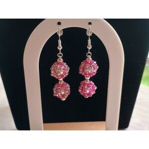 Handmade Pink And Silver Double Beaded Disco Balls Dangle Earrings 925